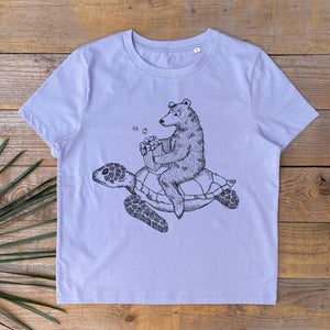 BEAR EATING POPCORN SAT ON A TURTLE TEE