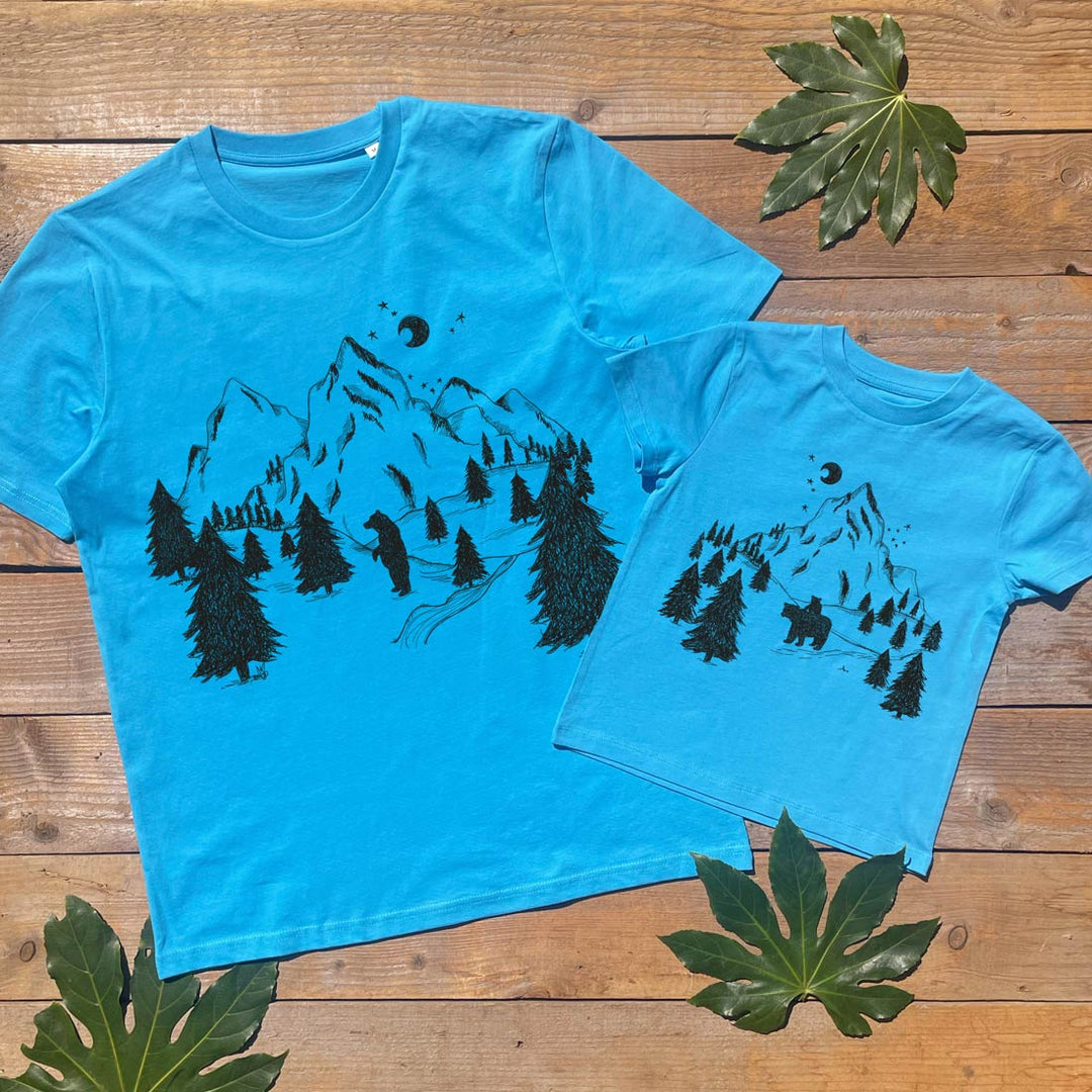 father and child tshirt set with mountains and bear design