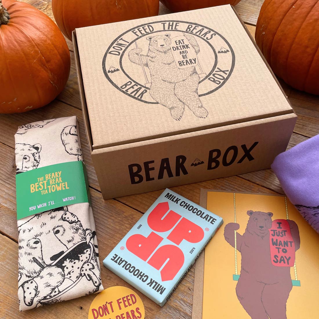 PRINTED BEAR BOX AND TEA TOWEL AND CHOCOLATE