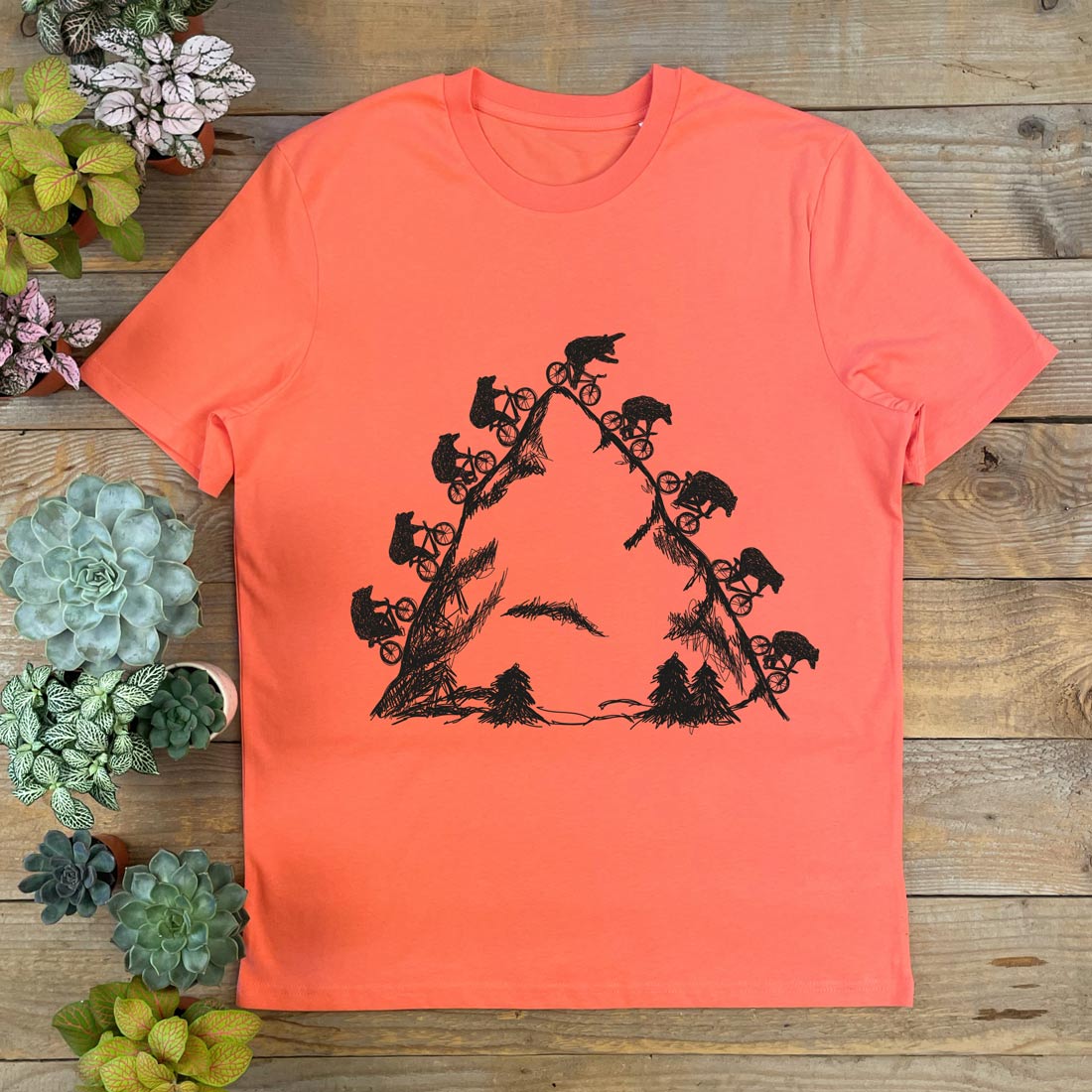 bear on bikes ridin gover mountai orange tshirt