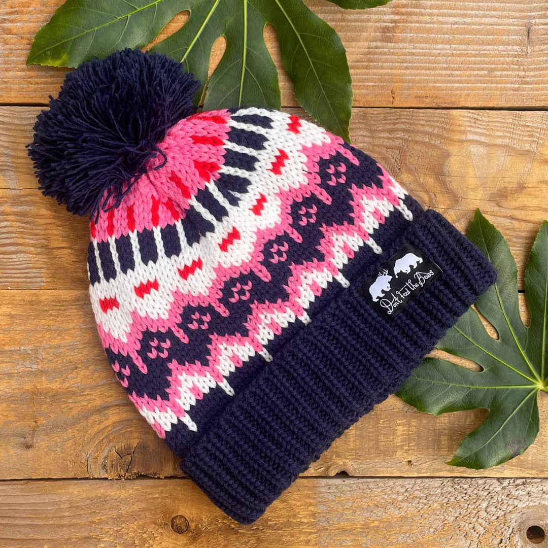 retro bobble hat pink and blue