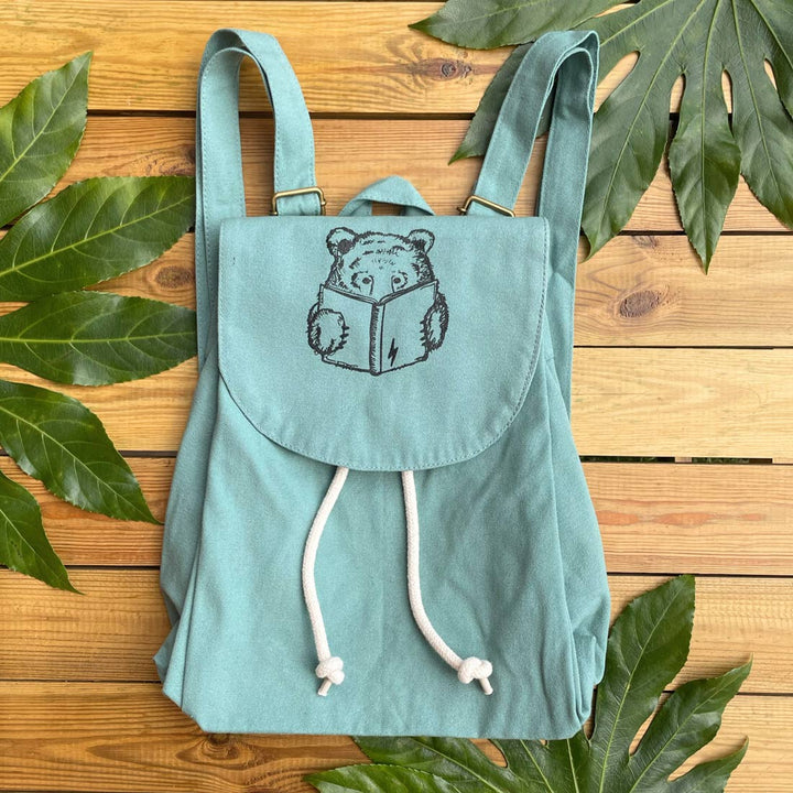 bear and book bluey green backpack