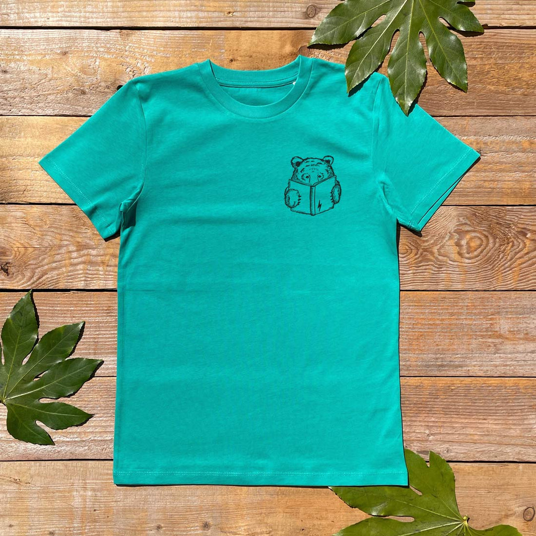 green kids tee with bear and book print
