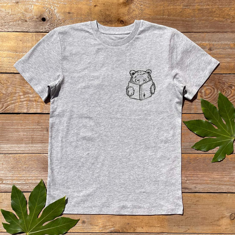 grey kids tee with bear reading a book design