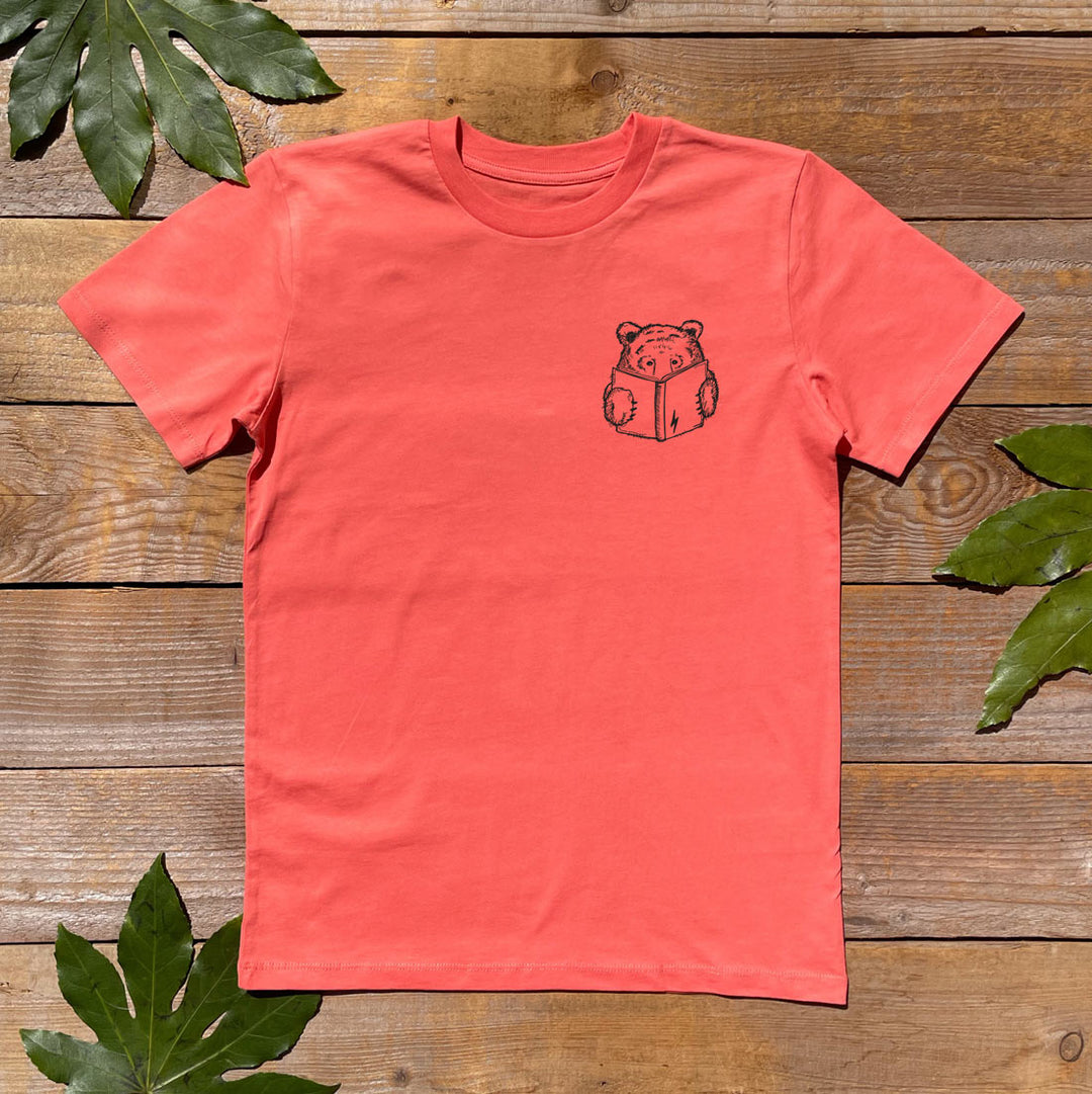kids orange red tee with bear and book design