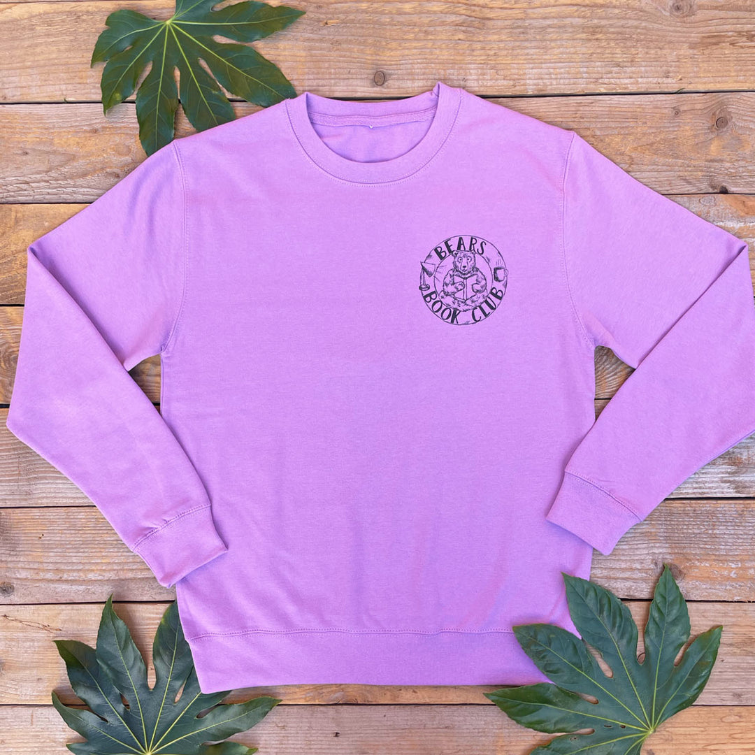 purple jumper with bear and book club design
