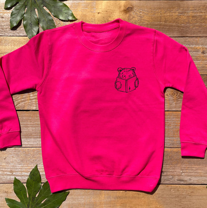 pink kids jumper with bear reading book print