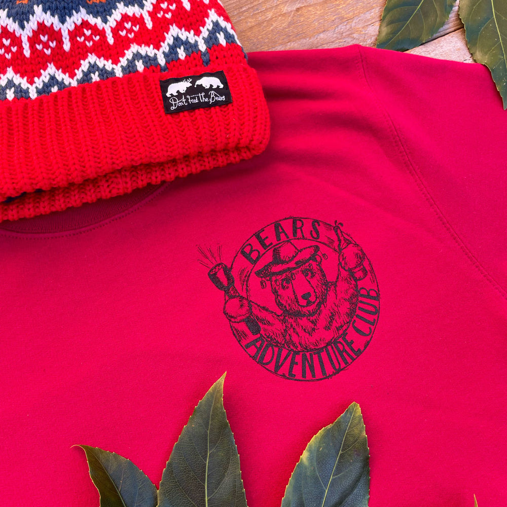 red womens tee with bears adventure club logo