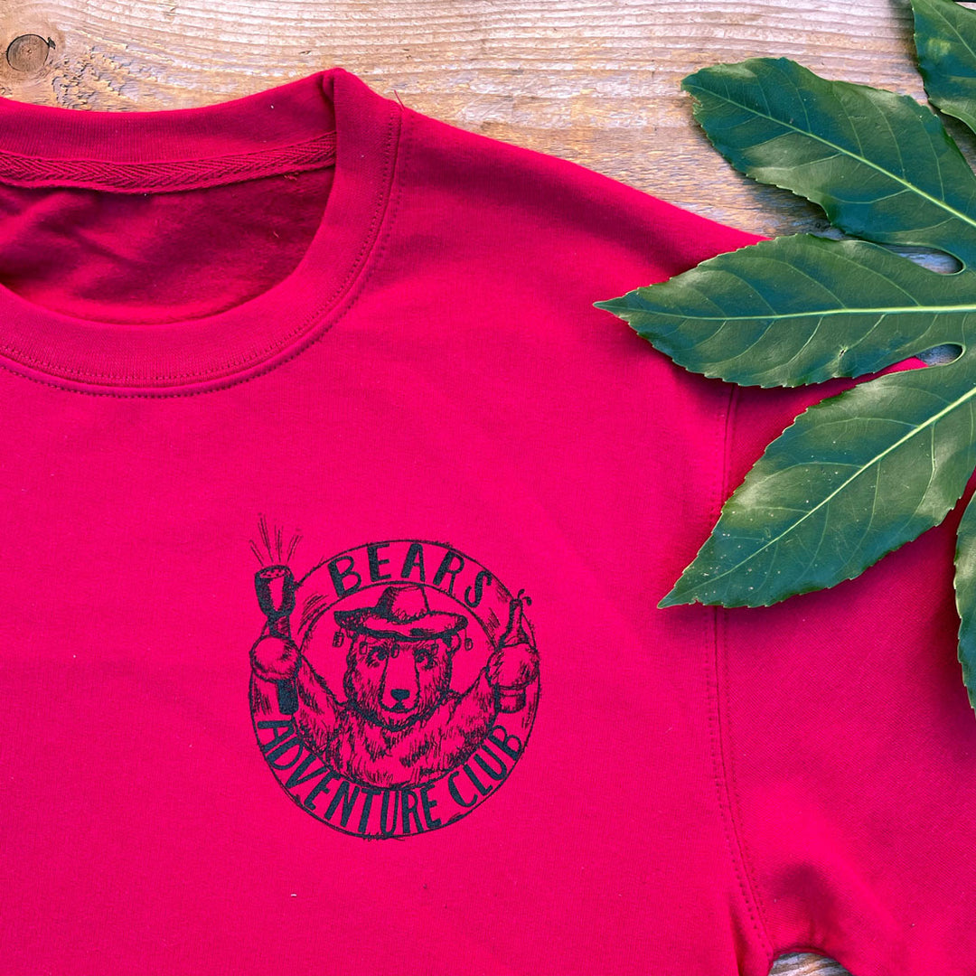 red jumper with bears adventure club print