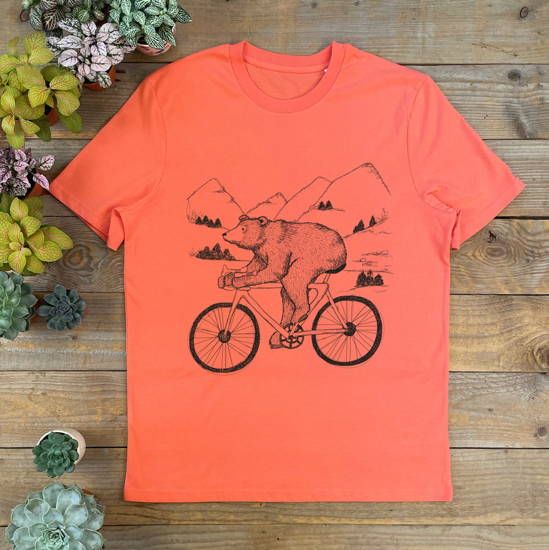 BEAR RIDING A RACER BIKE ORANGE TEE