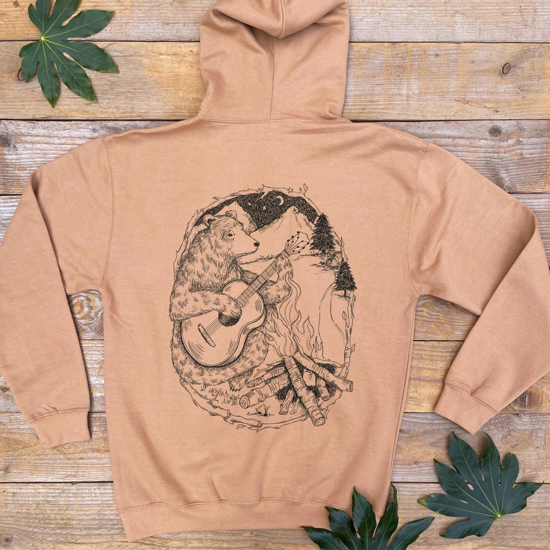 brown hoodie with bear playing guitar
