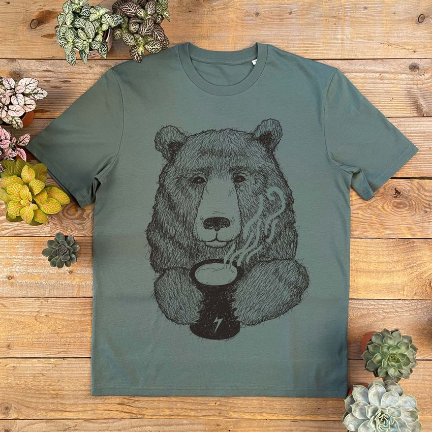 DFTB Cuppa Bear illustration screen printed on a T-shirt