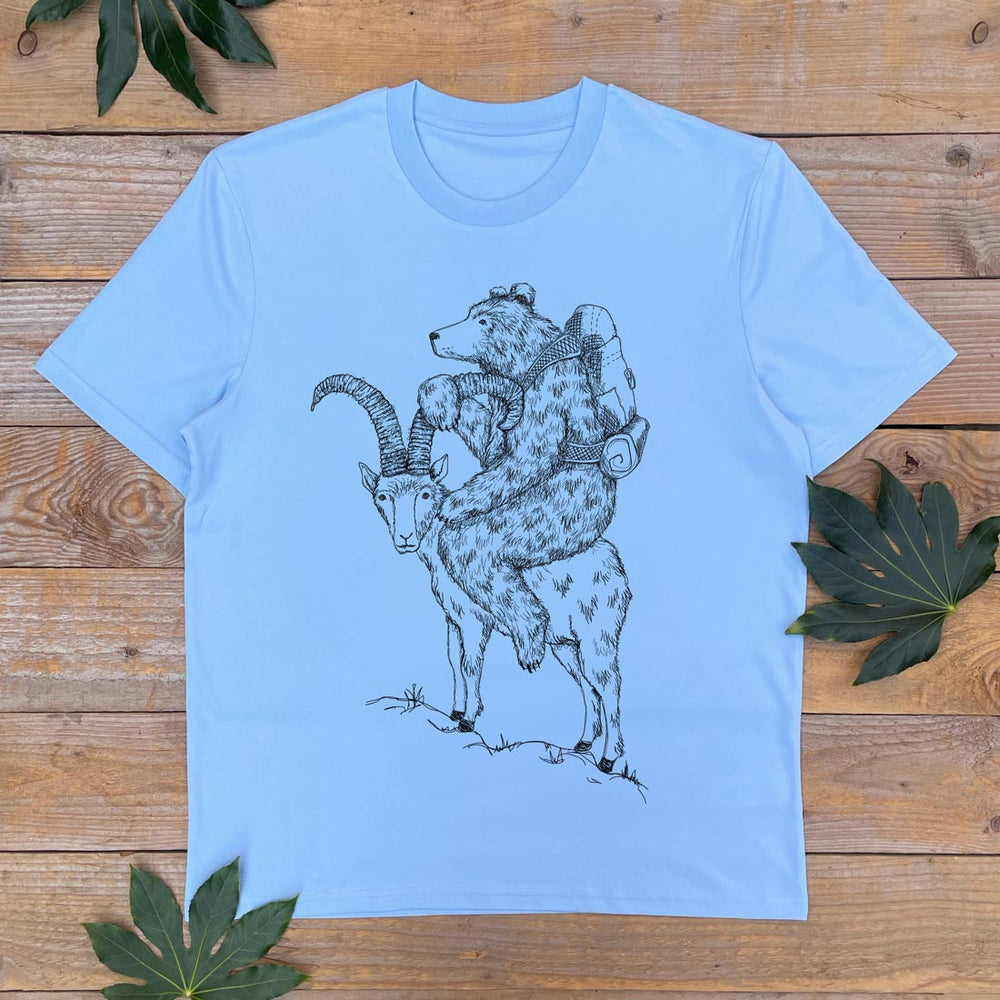 BLUE TSHIRT WITH BEAR AND GOAT DESIGN