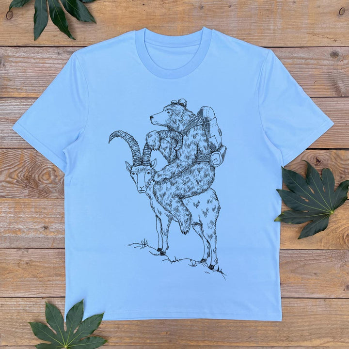 BLUE TSHIRT WITH BEAR AND GOAT DESIGN
