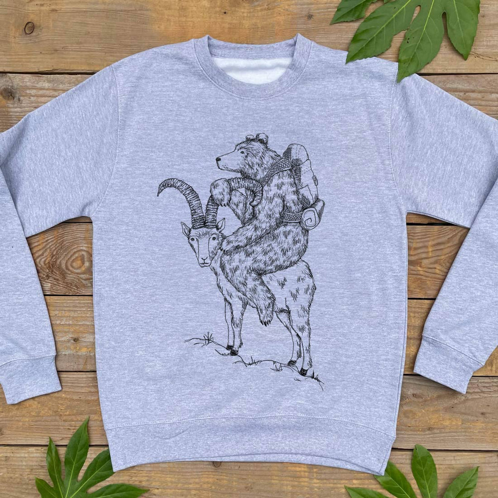 grey jumper with bear riding goat print
