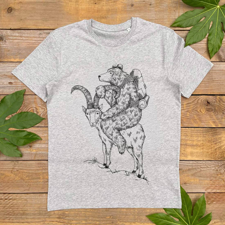 grey tshirt with mountain goat and bear print