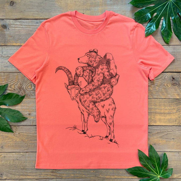 orange tshirt with bear riding a goat design