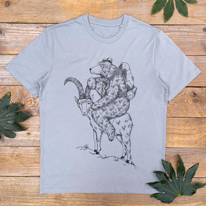 GREY TSHIRT WITH BEAR RIDING A GOAT PRINT