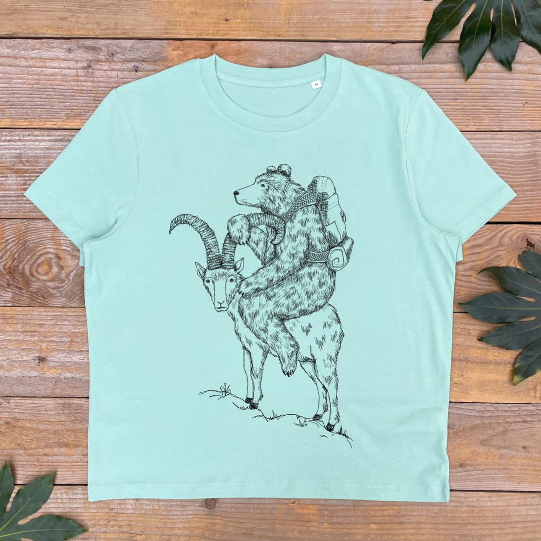 mint green tee with goat and bear print