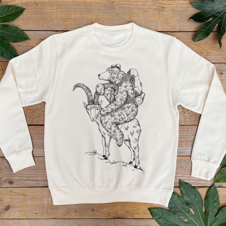 vanilla sweater with bear and goat print