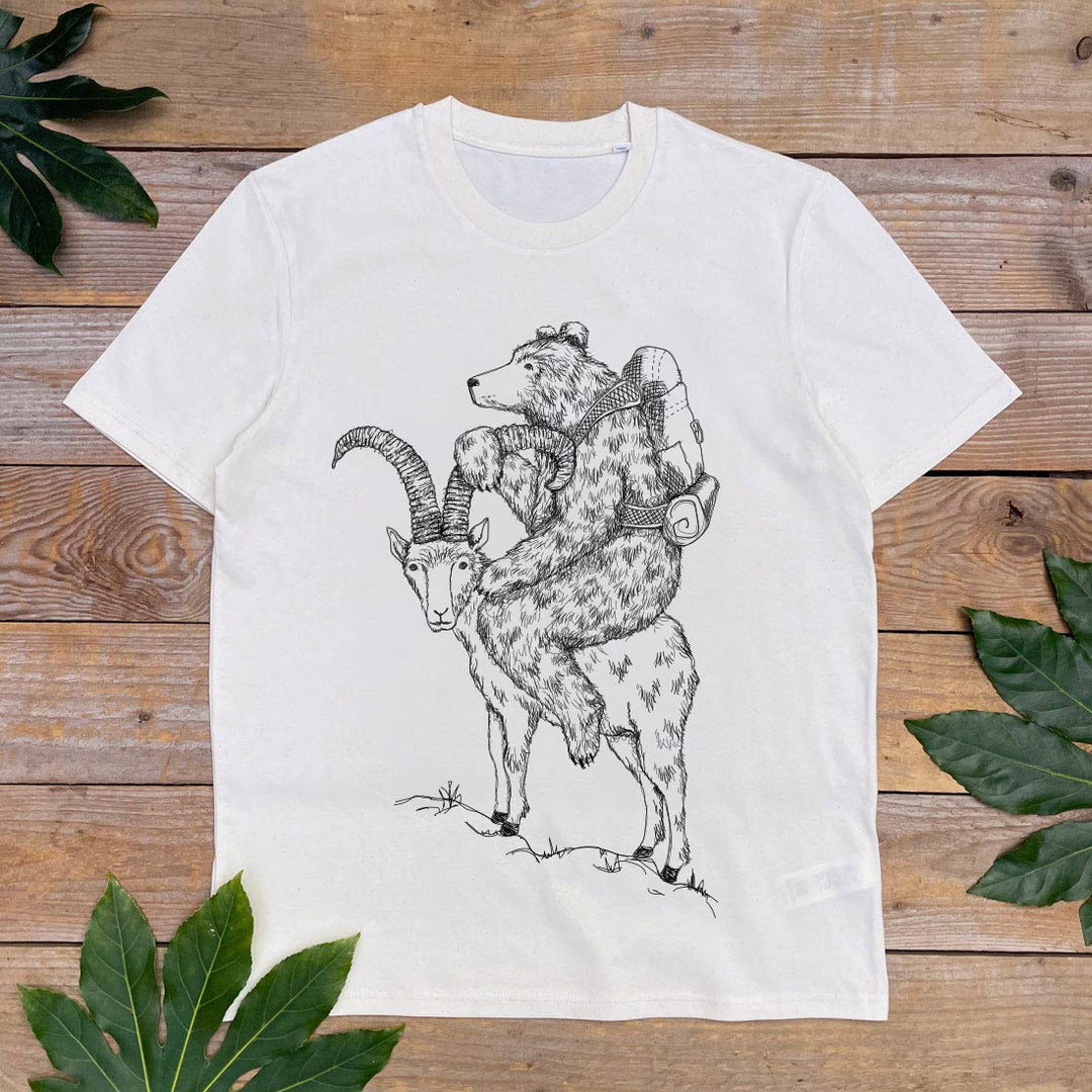 white tshirt with bear and goat print