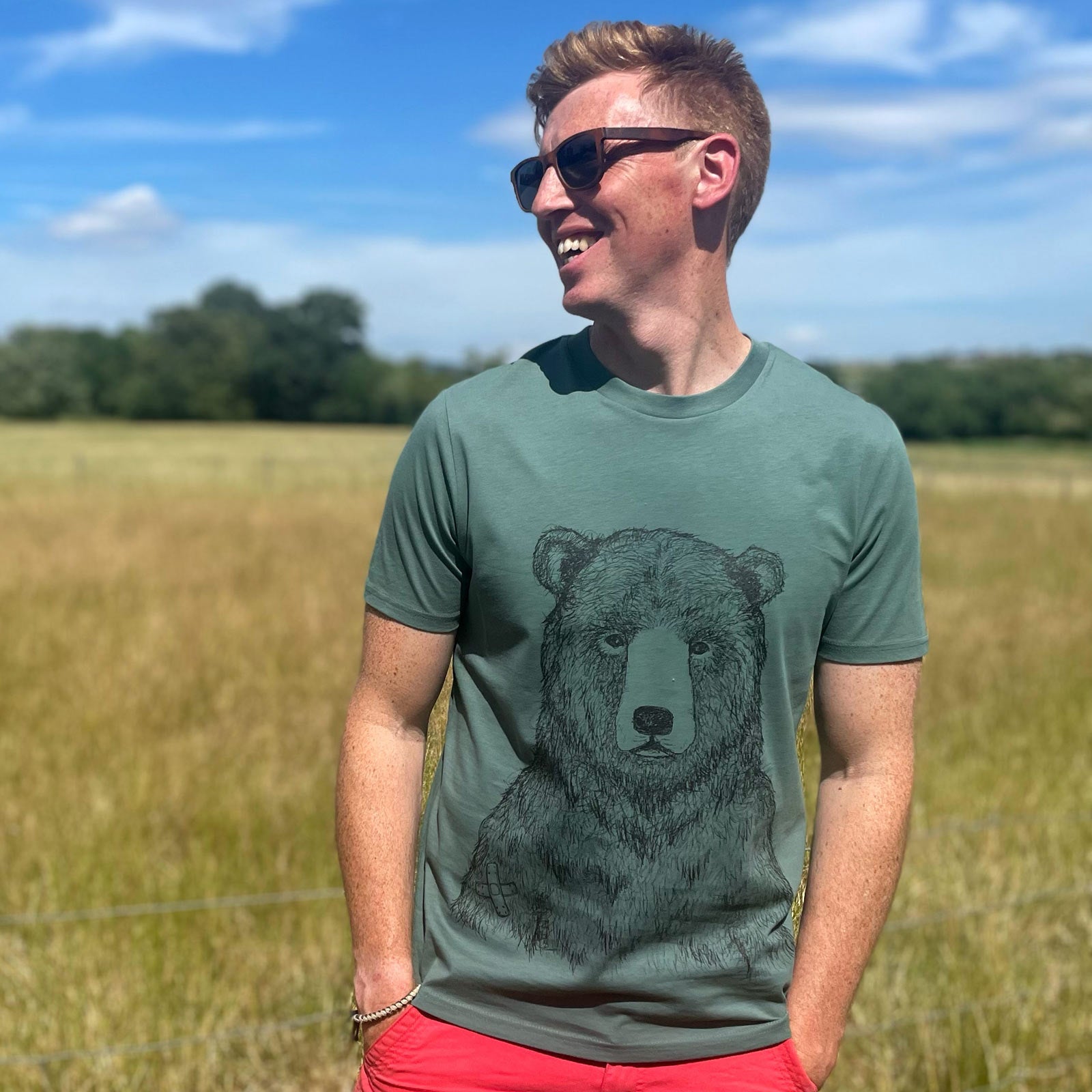 Grizzly Bear T-Shirt Green Pesto Colour. Worn by Tom