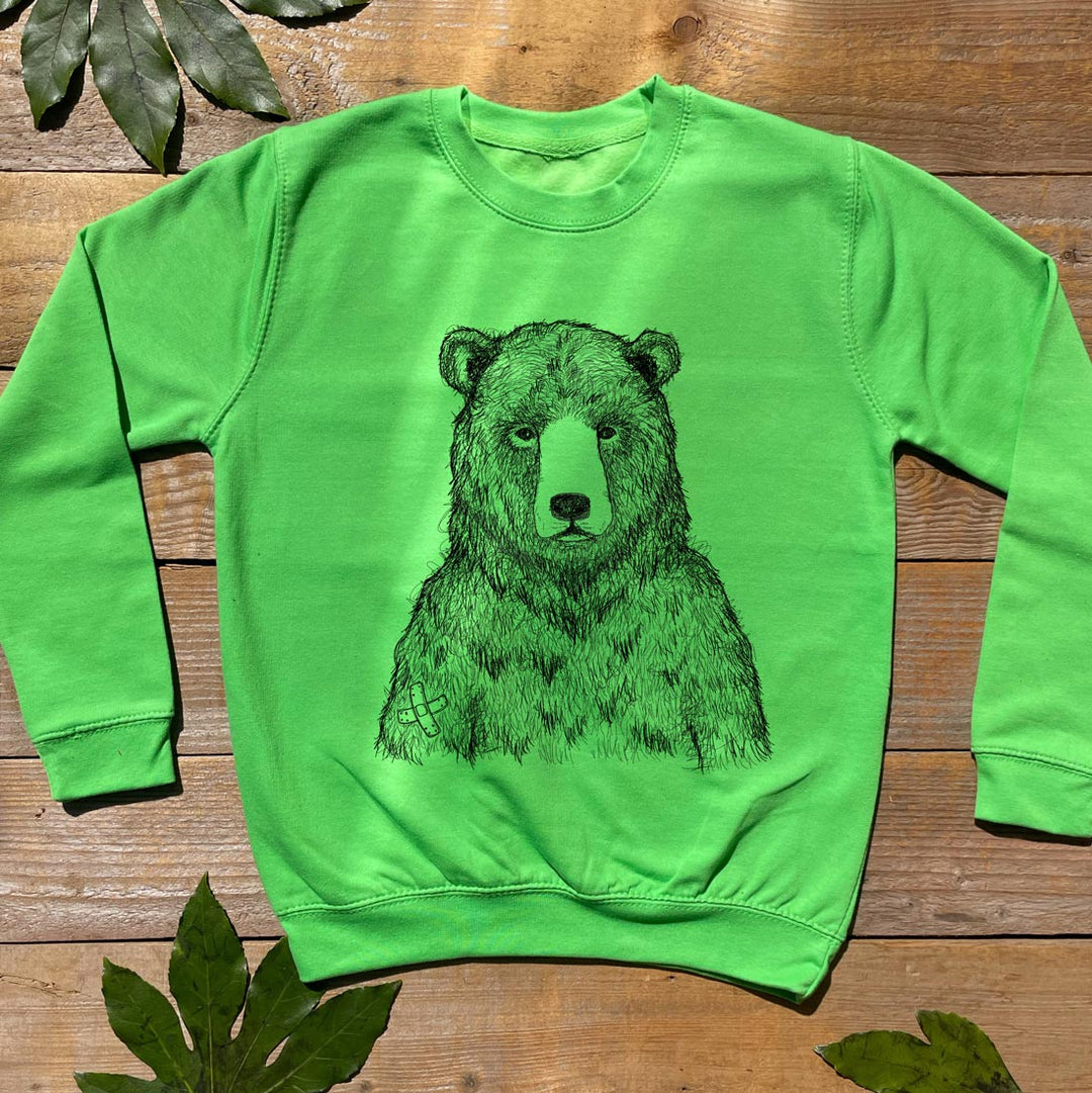 green kids jumper with bear print