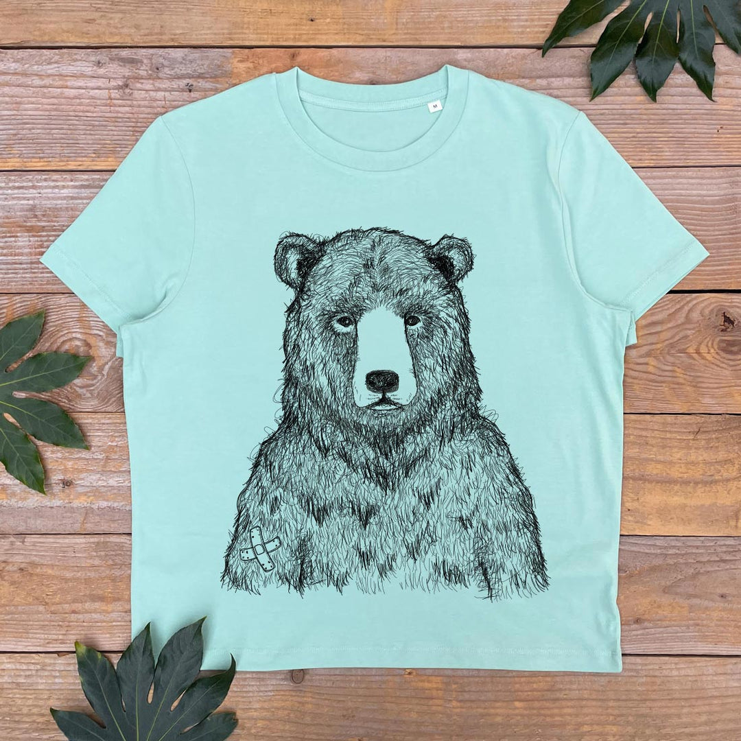 mint colour tshirt with grizzly bear design