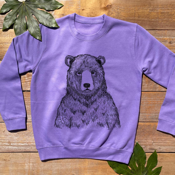 purple kids jumper with bear print