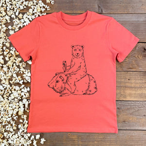 orange baby tee with guinea pig and bear print