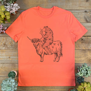 BEAR RIDING HIGHLND COW ORANGE TEE