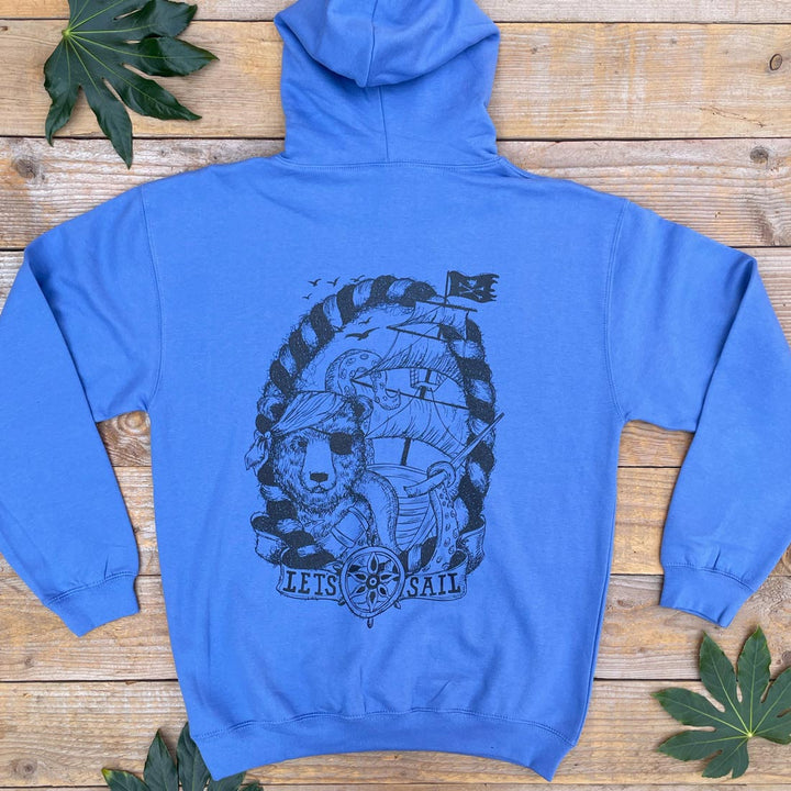 blue hoodie with pirate bear design