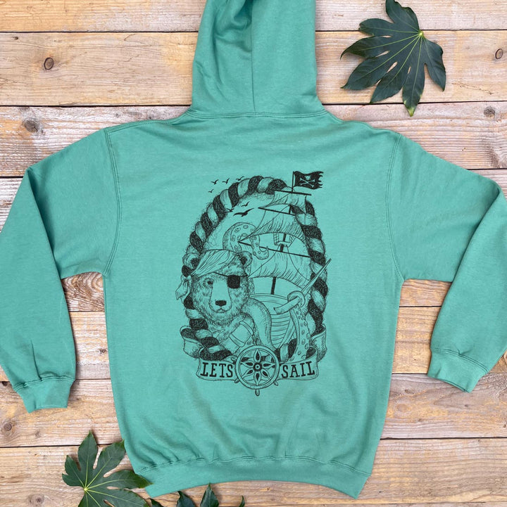 green hoodie with pirate bear print