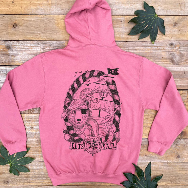 red hoodie with pirate bear design
