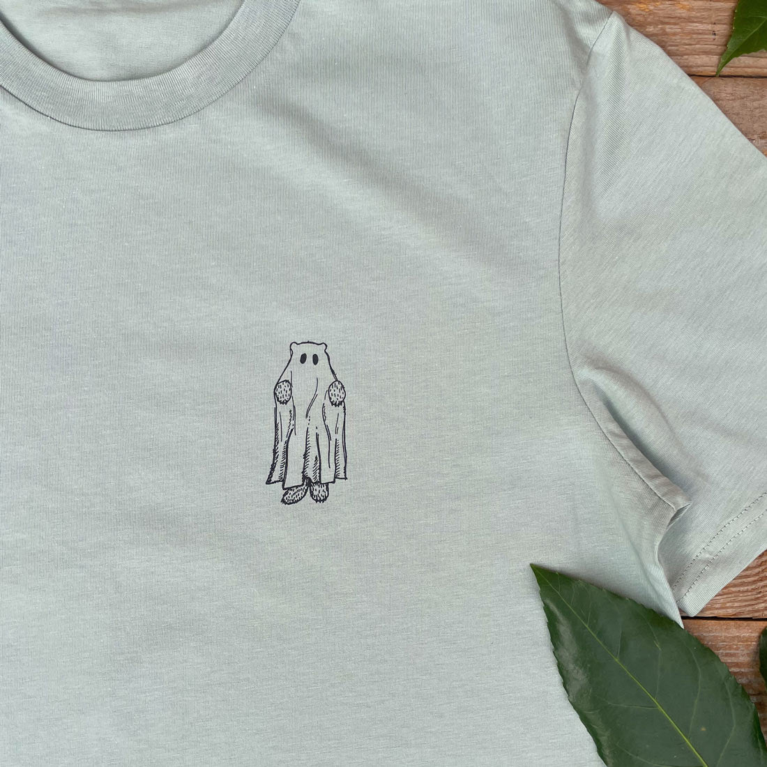 mint tshirt with ghost bear design