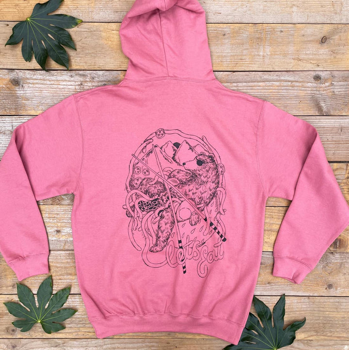 red hoodie with bear and noodles print
