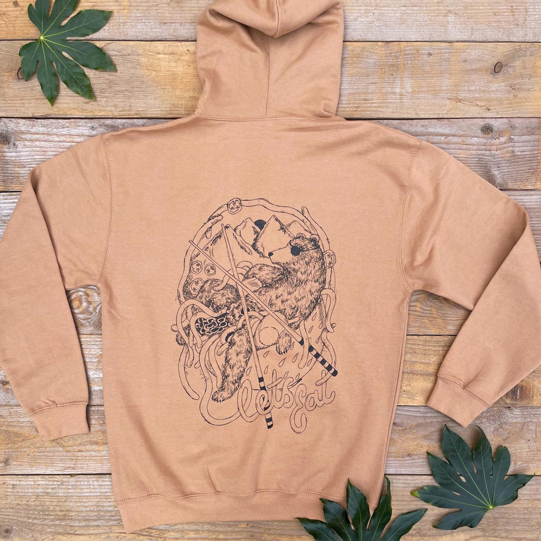brown hoodie with bear and noodles print
