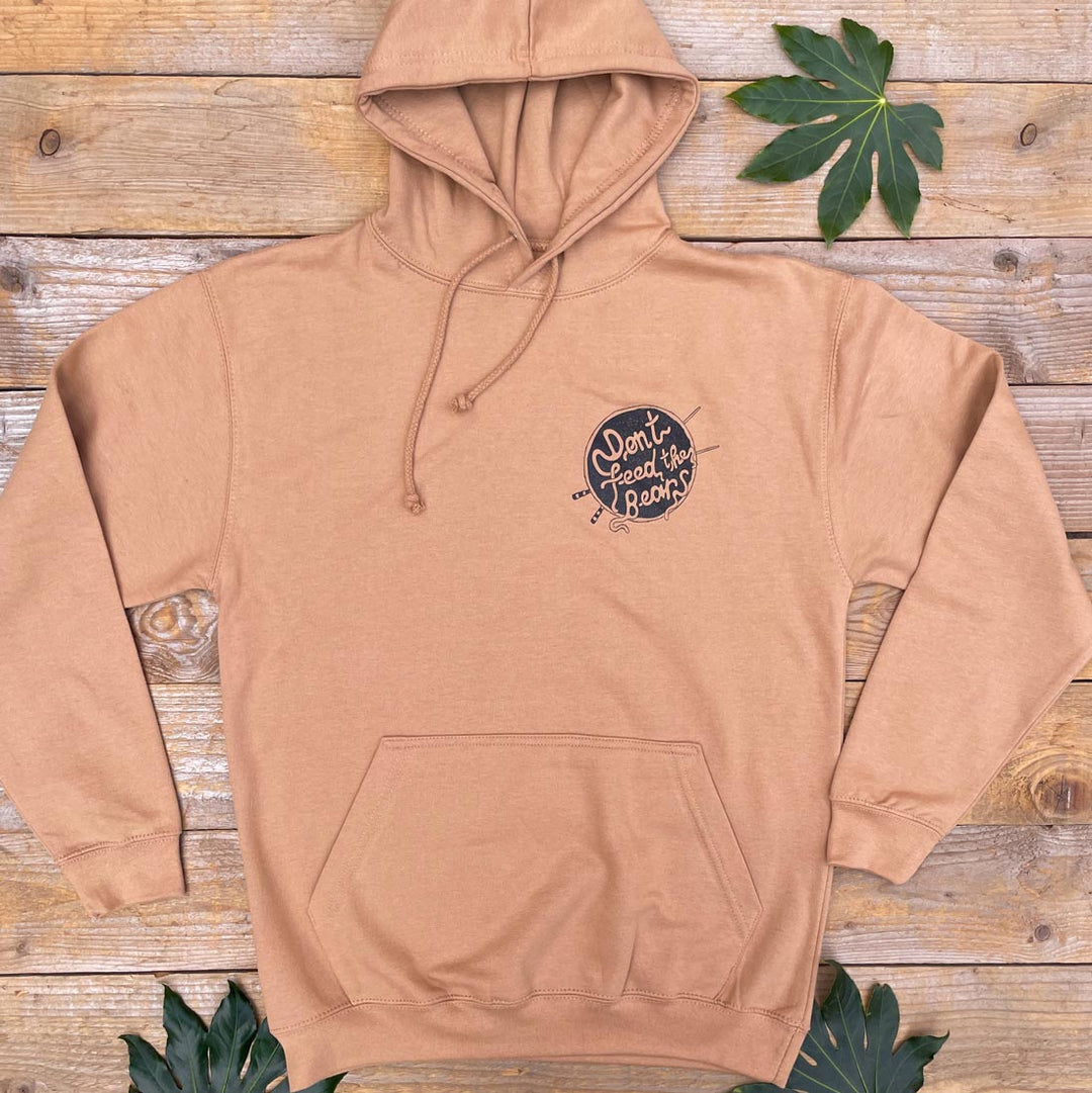 brown hoodie with bear logo pocket print