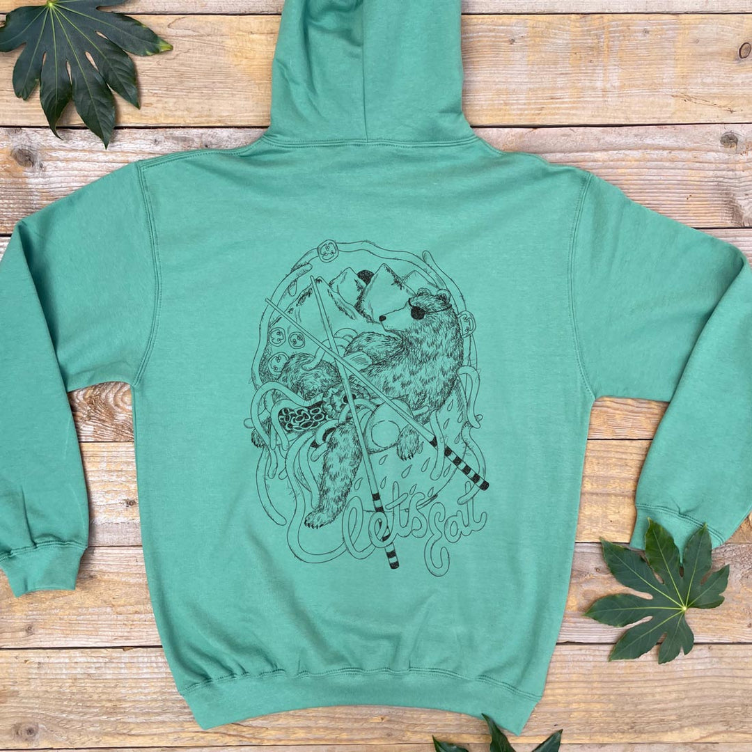 green hoodie with bear in noodle bowl print