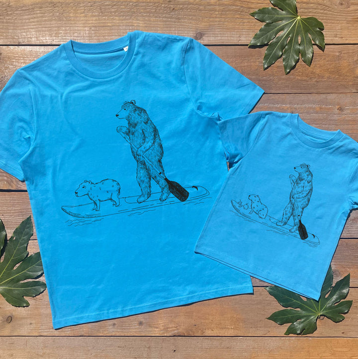blue parent and child tshirt set with bears on paddle board
