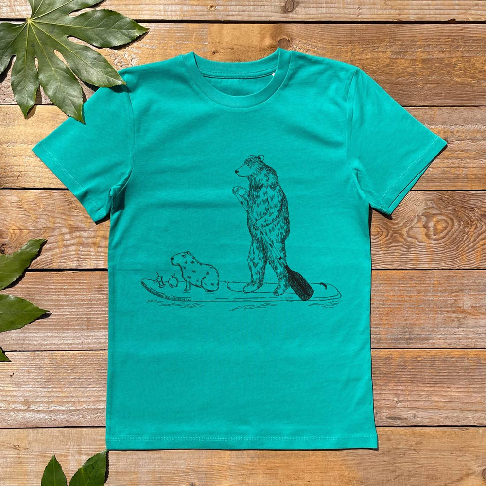 kids green tee with bear and paddle board design