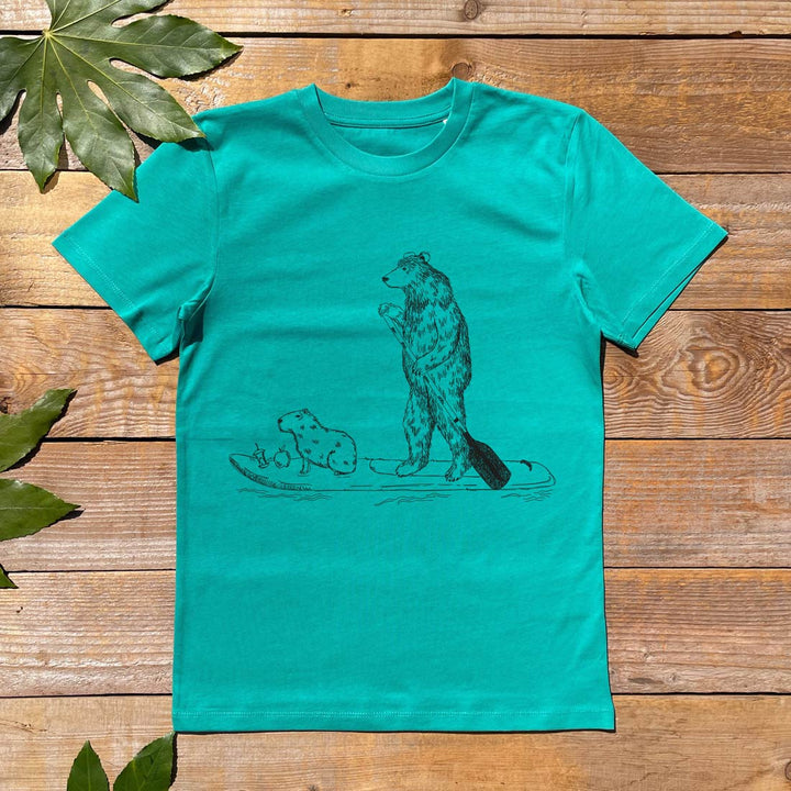 kids green tee with bear and paddle board design