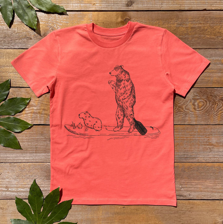 kids tee with  bear paddle boarding print