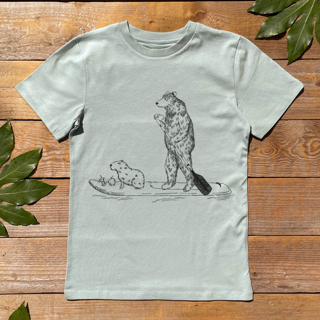 mint tee with bear and paddle board design
