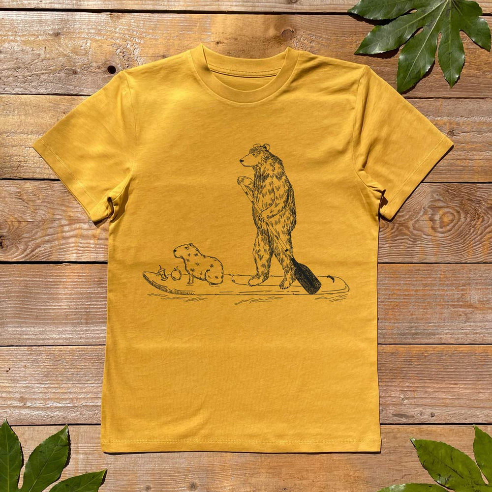 muistard tshirt with bear and paddle board