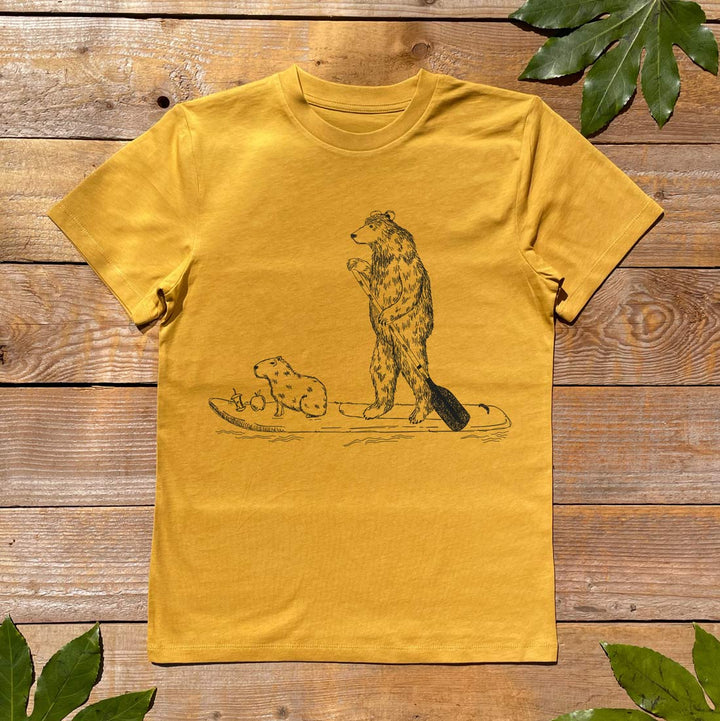 muistard tshirt with bear and paddle board