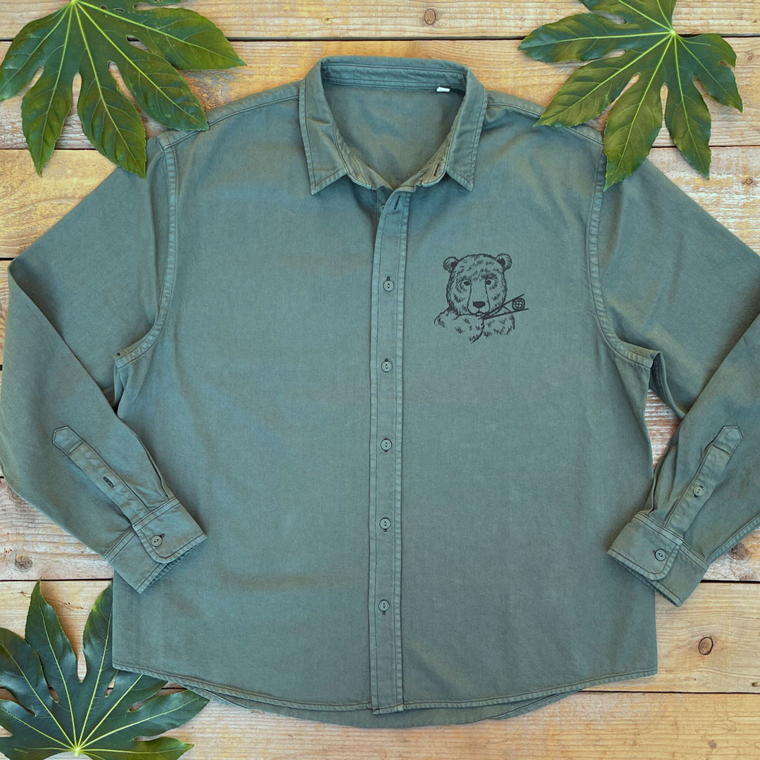 olive green shirt with bear and sushi print