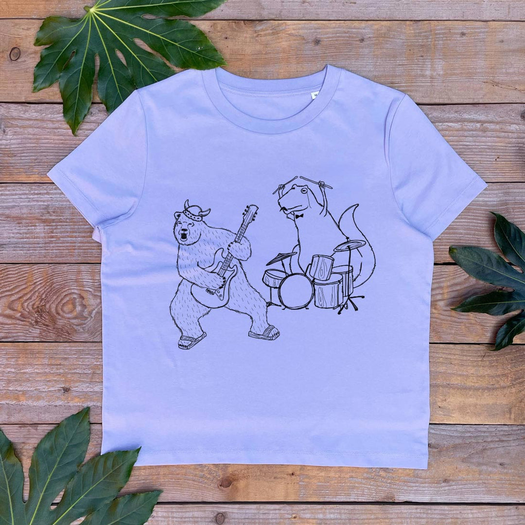 LILAC TSHIRT WITH BEAR AND ROCK BAND PRINT