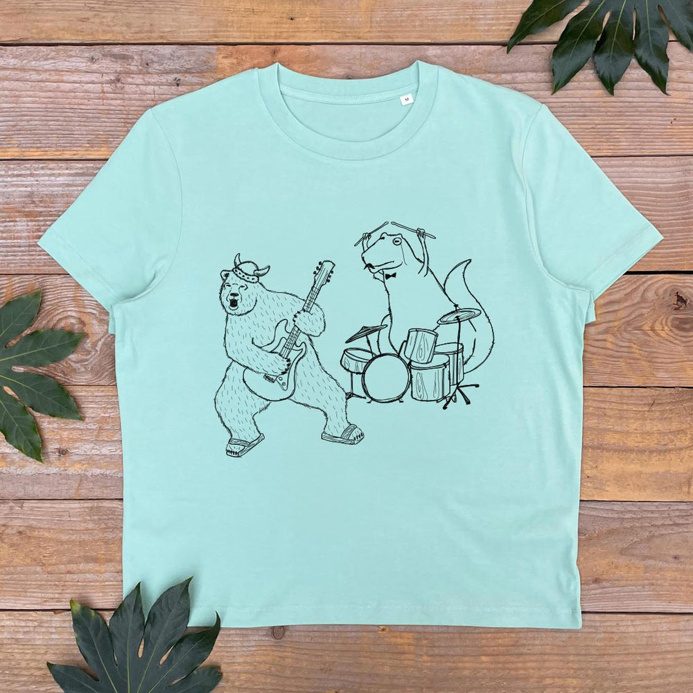 MINT TSHIRT WIT BEAR AND DINOSAUR IN A BAND PRINT