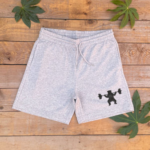 weight lifting bear shorts in grey